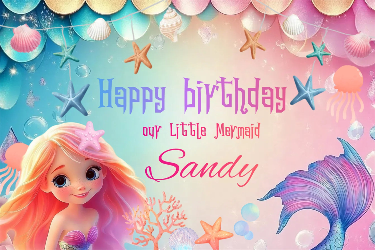Toile de fond Anniversaire Personnalisé Coquilles Sirène Étoiles de Mer CSH4-3