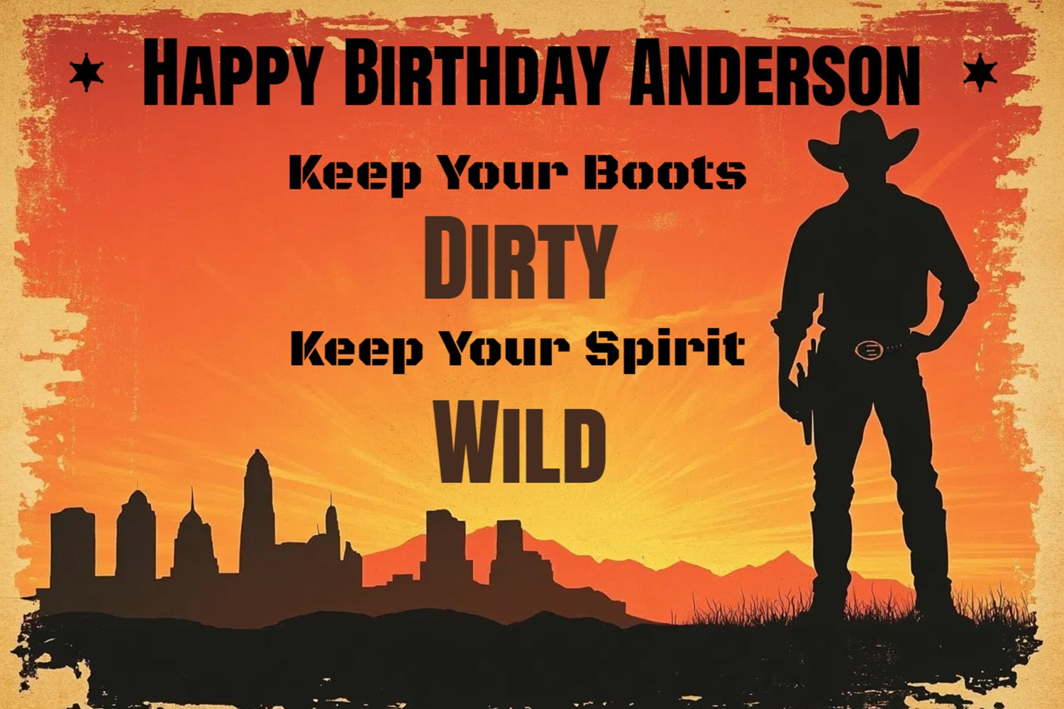 Toile de fond Anniversaire Personnalisée Silhouette de Ville Cowboy Occidental CSH4-31