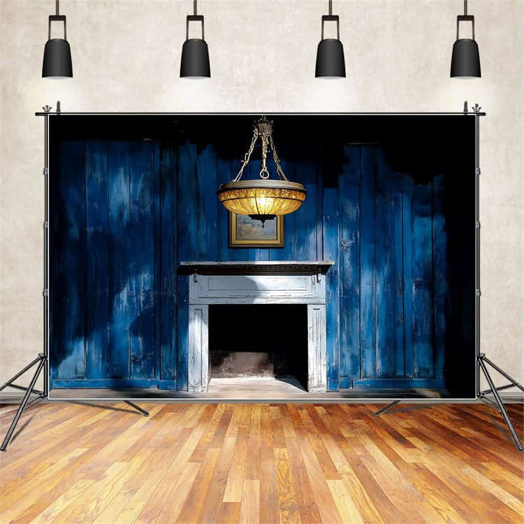 Toile de fond Rétro Mur en Bois Bleu Cheminée Vintage CSH4-398