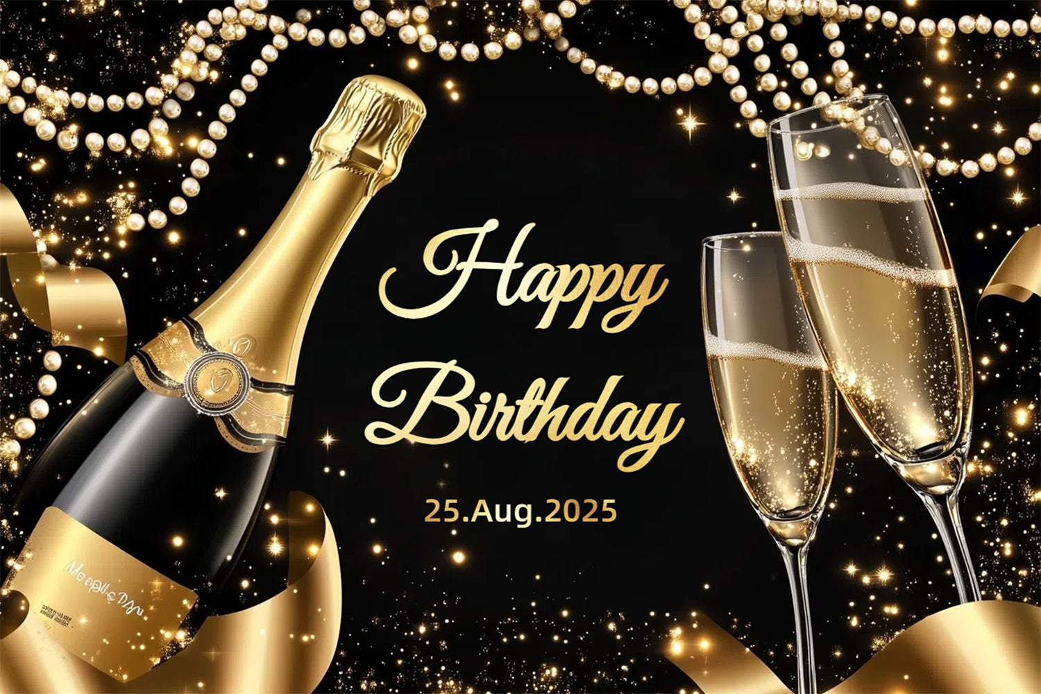 Toile de fond Anniversaire Personnalisée Verre de Champagne Guirlande Perles CSH4-47