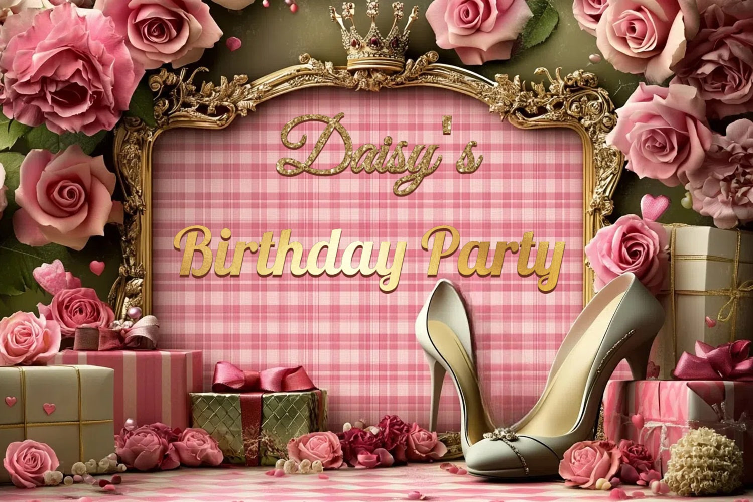 Toile de fond Anniversaire Personnalisable Talons Roses Couronne 50e Anniversaire CSH4-63