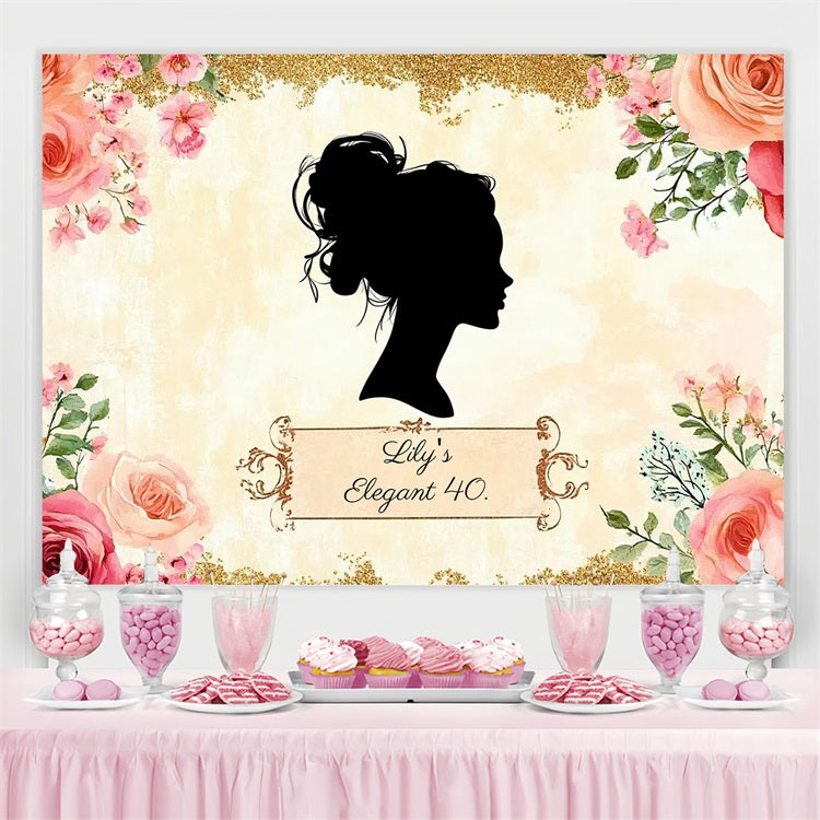 Toile de fond Personnalisable Anniversaire Silhouette Femme Roses 40e Anniversaire CSH4-65