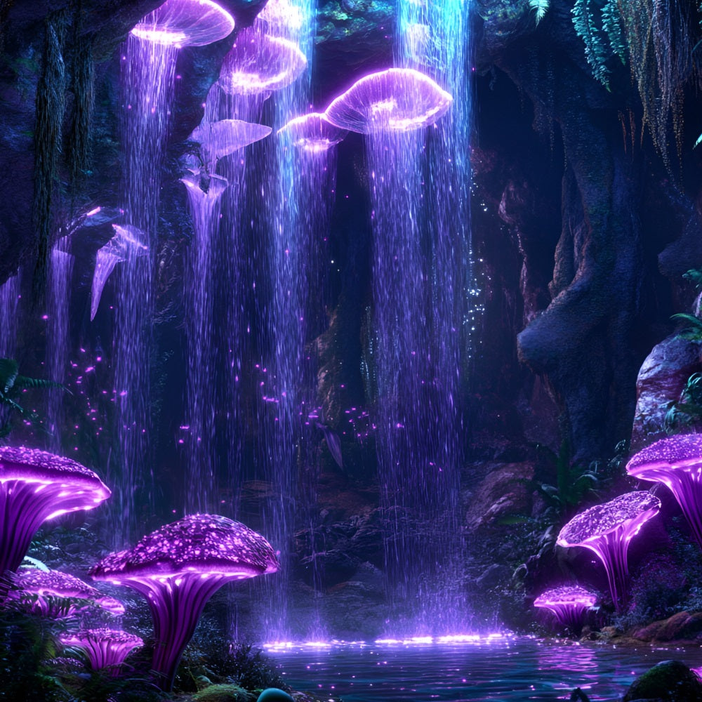 Toile de fond Forêt Grotte de Champignons Lumineux Cascade CSH4-76