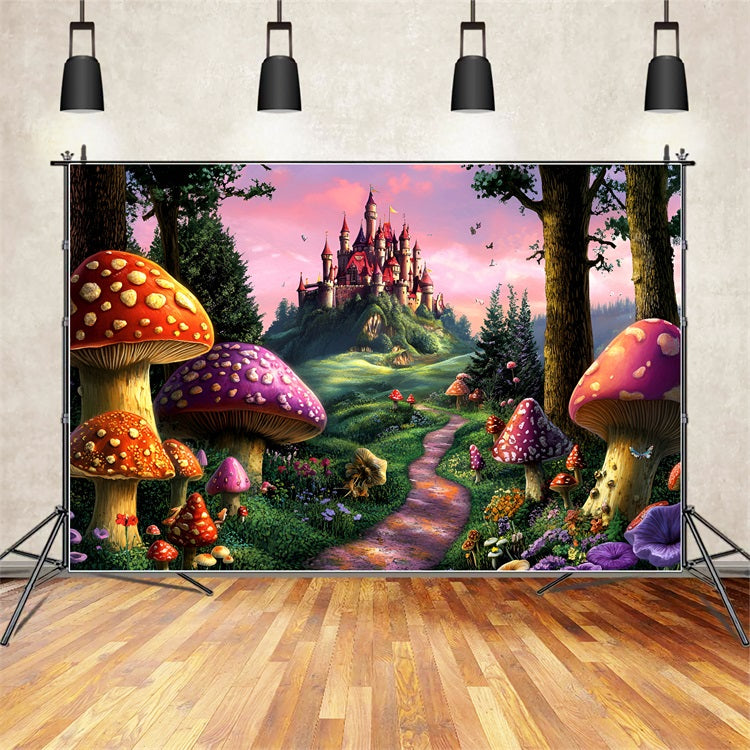 Toile de fond Forêt Fantaisie Sentier Champignons Château CSH4-78