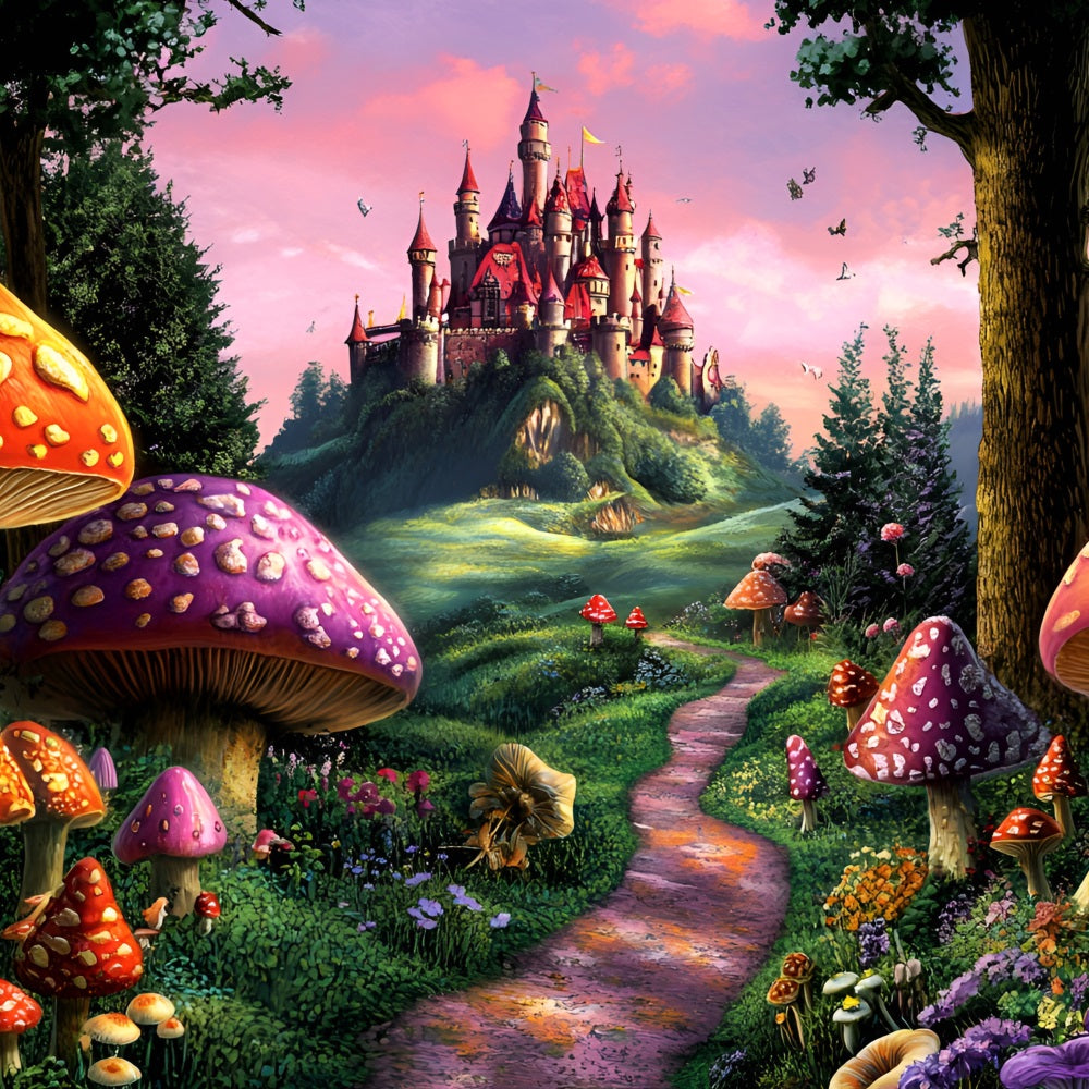 Toile de fond Forêt Fantaisie Sentier Champignons Château CSH4-78