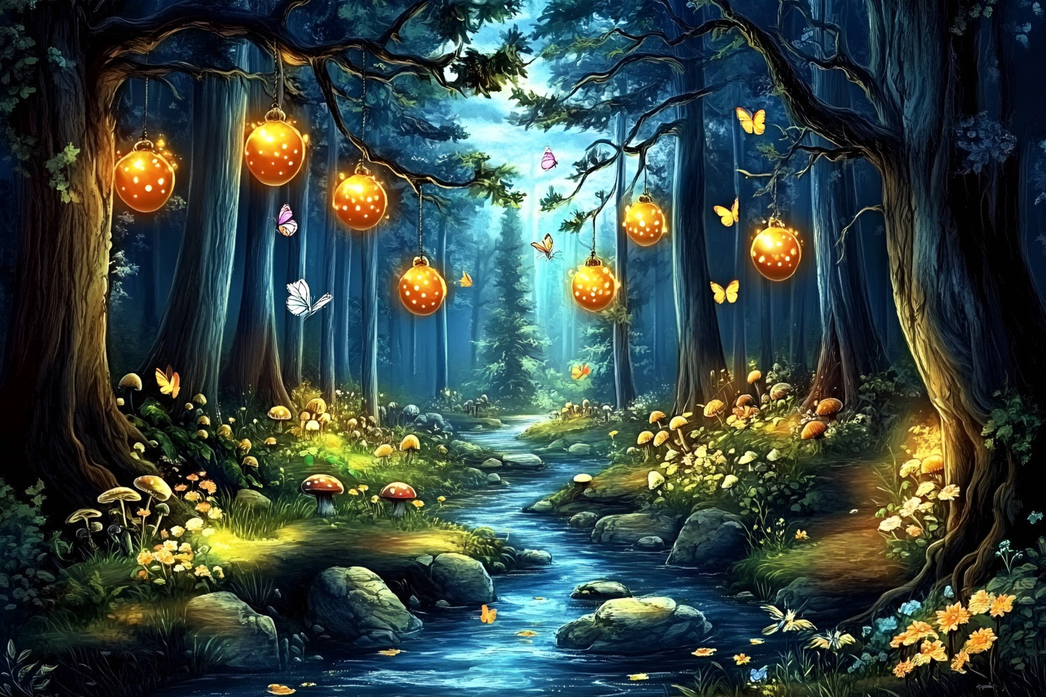 Toile de fond Forêt Enchantée Idées Lanterne Lumineuse Ruisseau CSH4-80