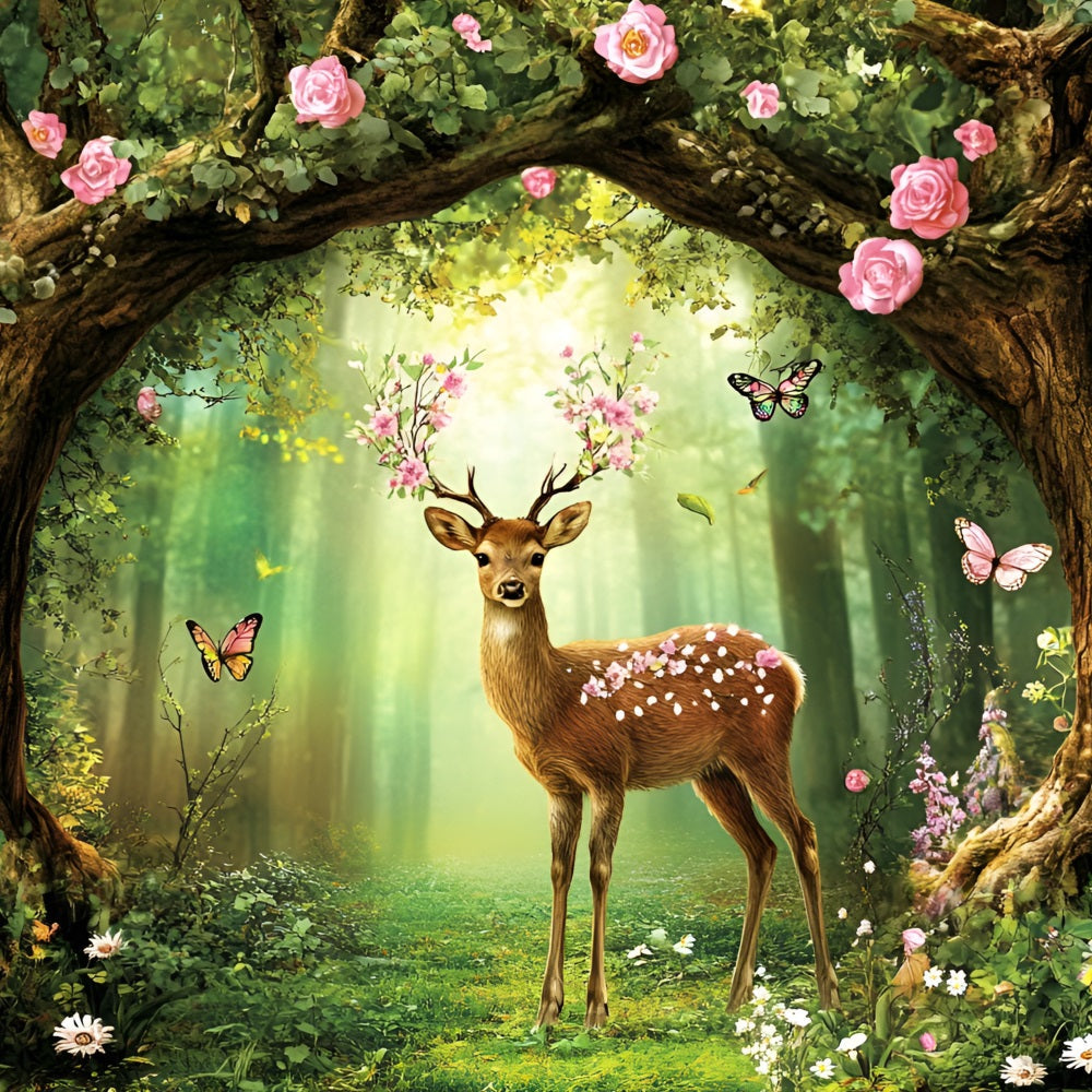 Toile de fond Forêt Fawn Gazon Cerf Fleurs Papillons CSH4-82