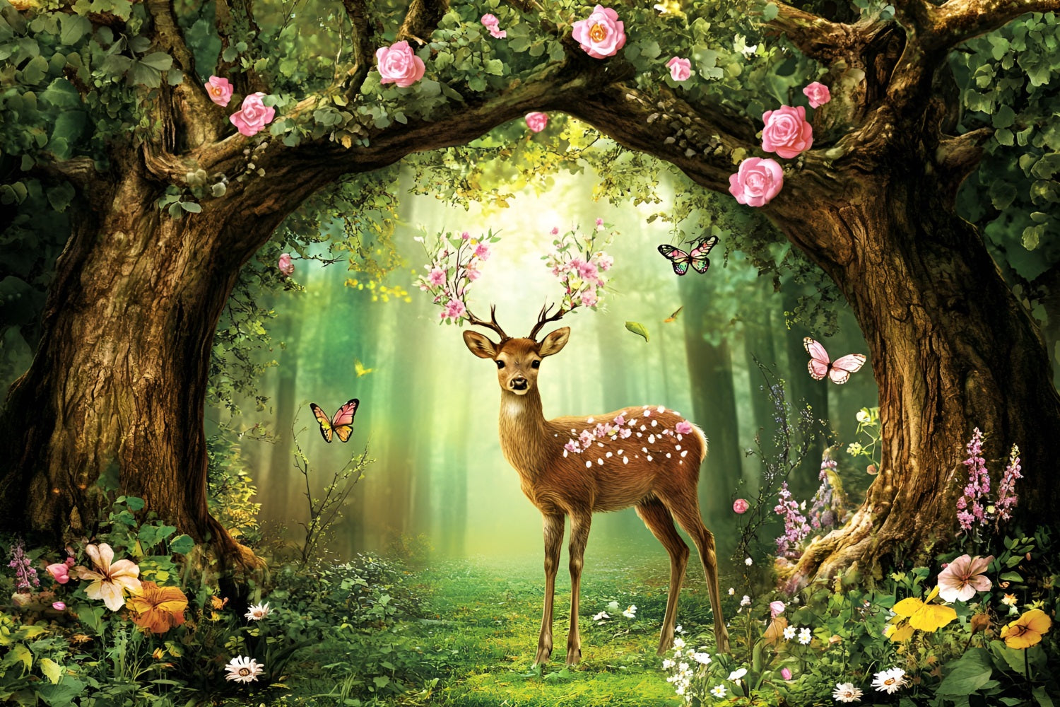 Toile de fond Forêt Fawn Gazon Cerf Fleurs Papillons CSH4-82