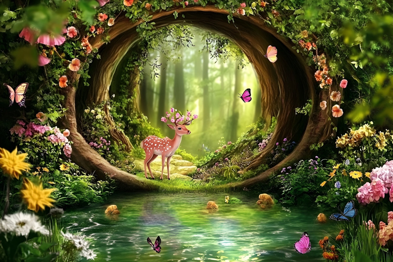 Toile de fond Forêt Féerique Arche Bassin Faon CSH4-83