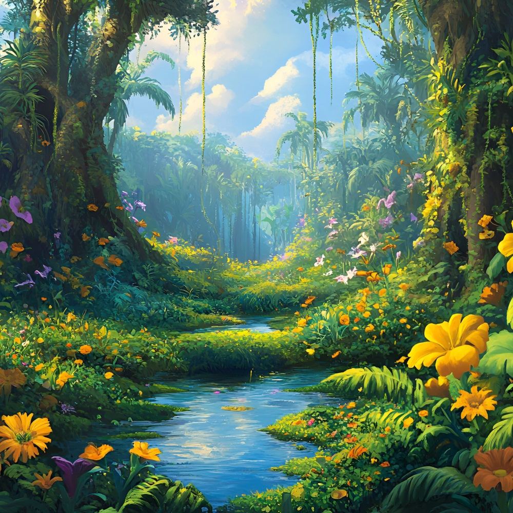 Toile de fond Jungle Fleurs Forêt Ciel Lumineux CSH4-94