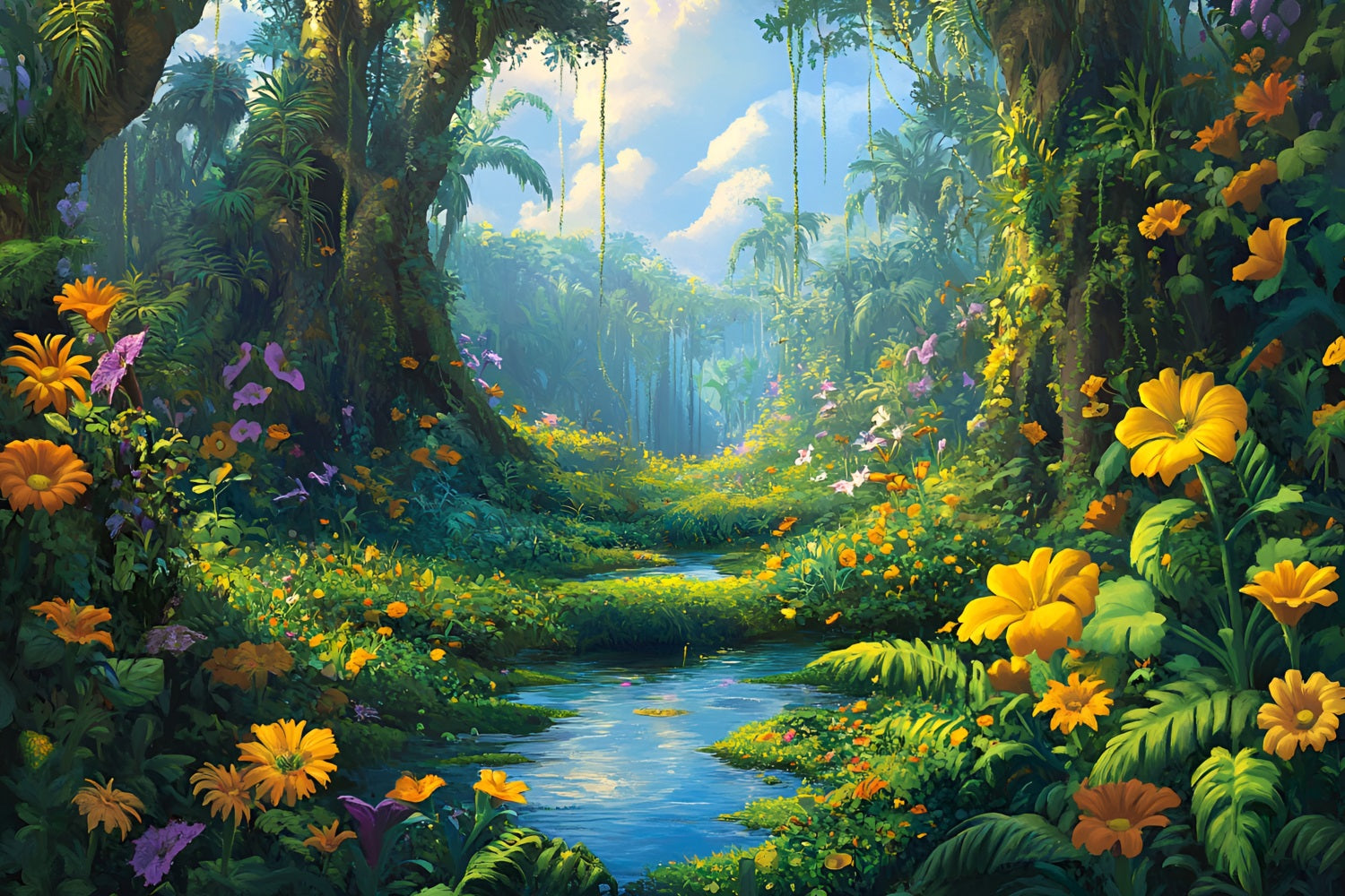Toile de fond Jungle Fleurs Forêt Ciel Lumineux CSH4-94