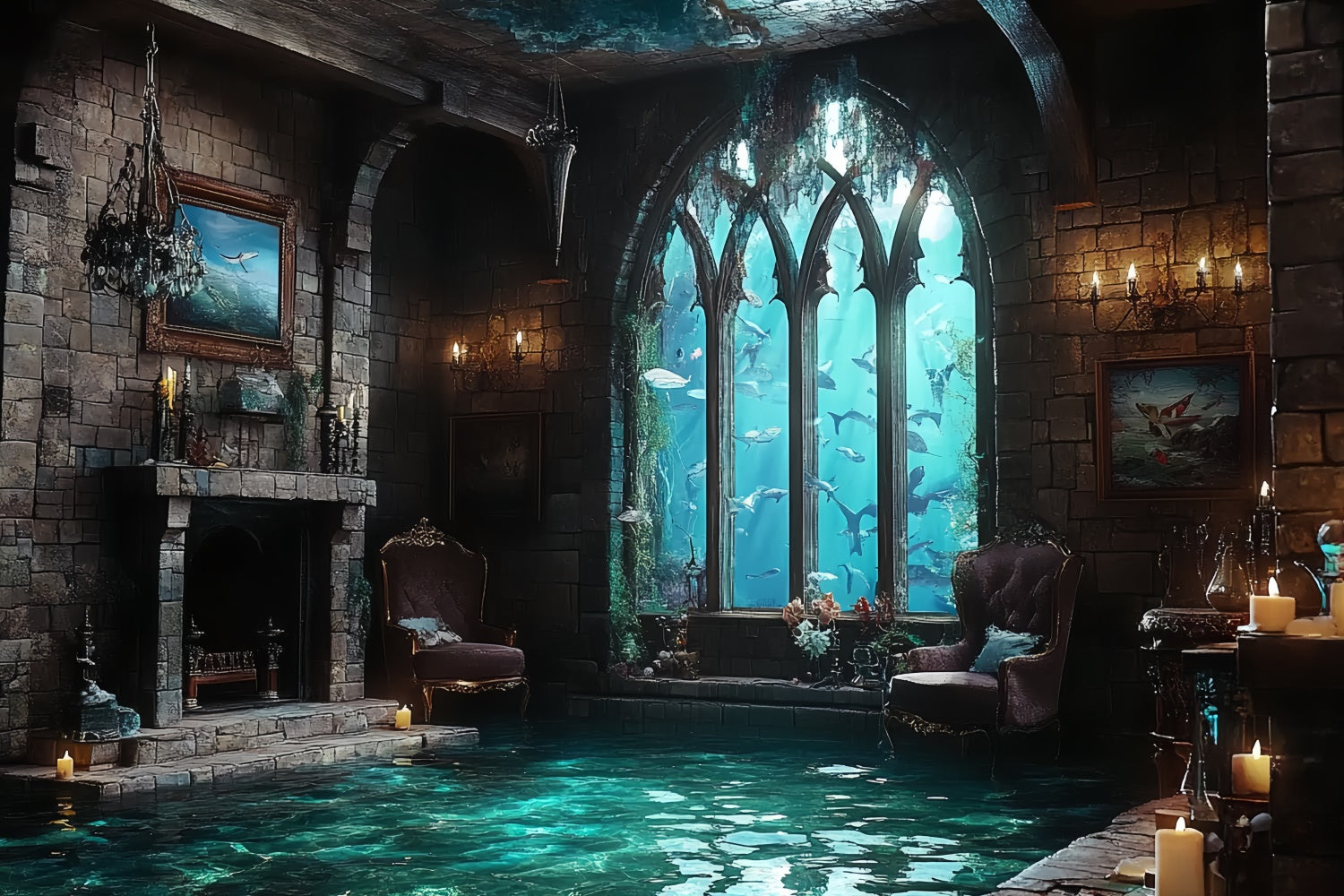 Toile de fond Sous-Marine Château Gothique Marin Été CSH5-114