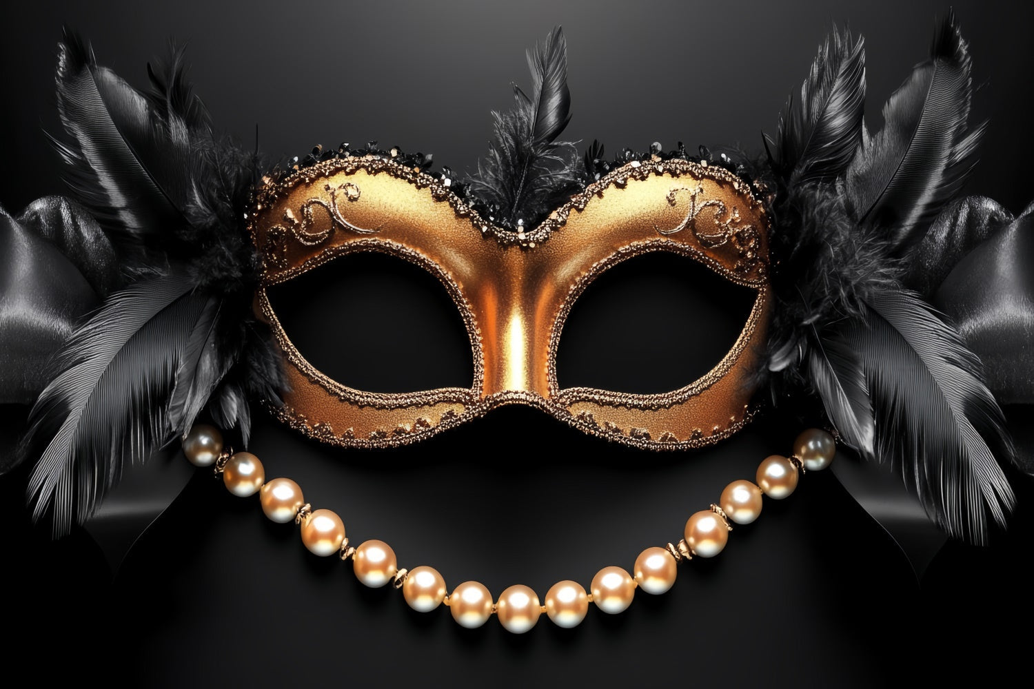Toile de fond Mascarade Masque Noir Plumes Perles Dorées CSH5-230