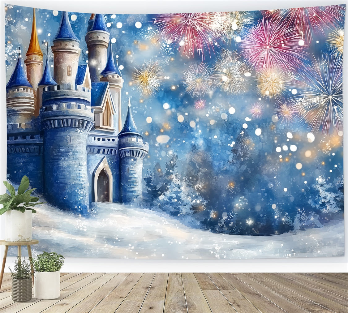 Toile de fond Château Hiver Château Gelé Feux d’Artifice Enfants CSH5-267