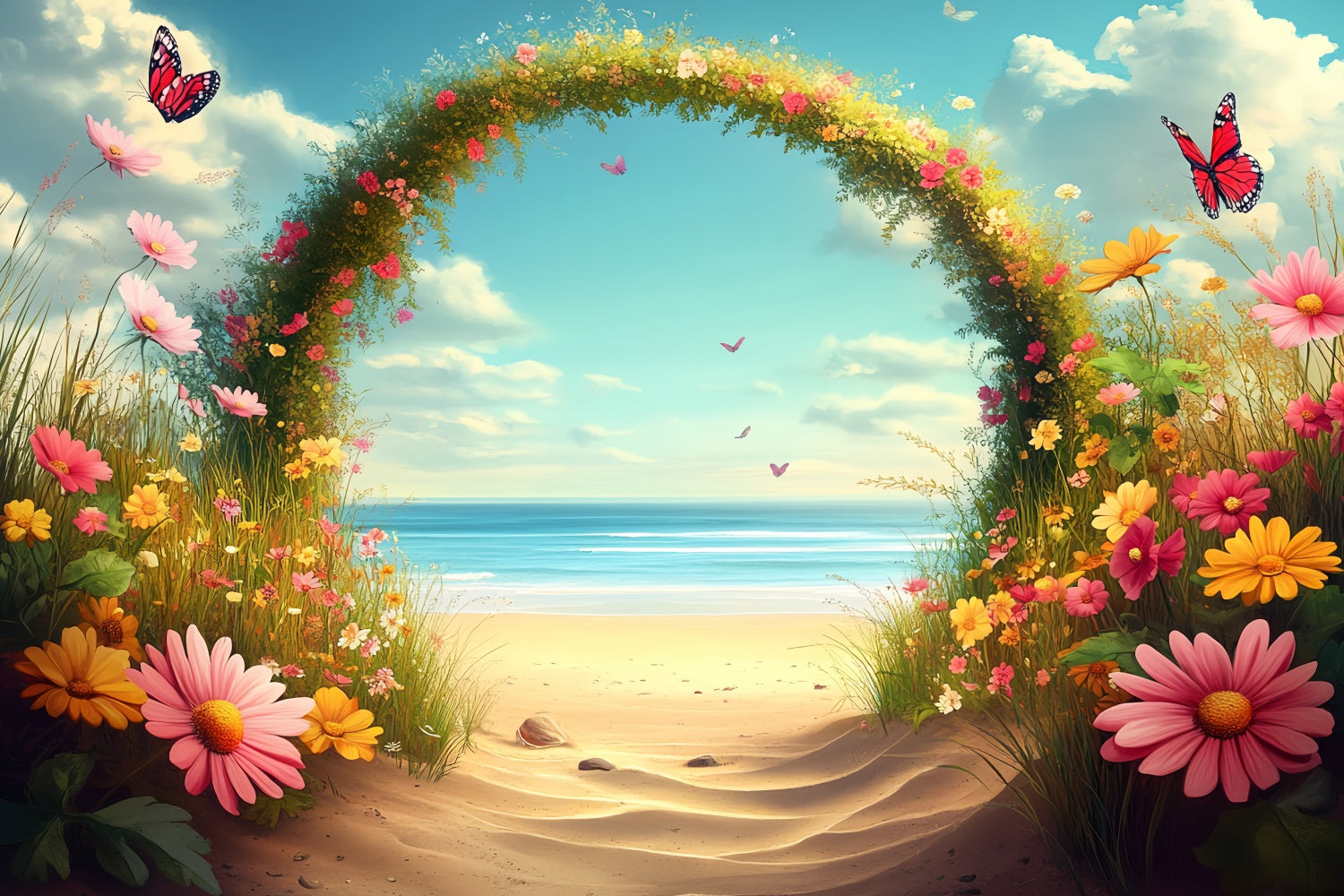 Toile de fond de Plage Fleurs Papillons Été CSH5-80