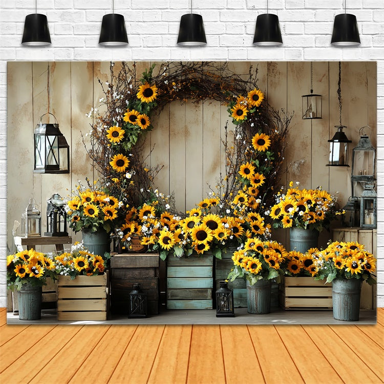 Toile de fond Automne Mur Bois Couronne Tournesol CSH57-186
