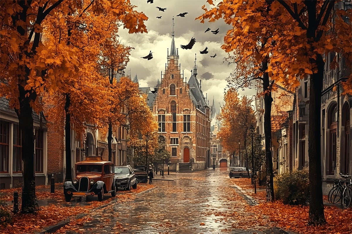 Toile de fond Automne Feuilles Route Gothique Pluie CSH57-189