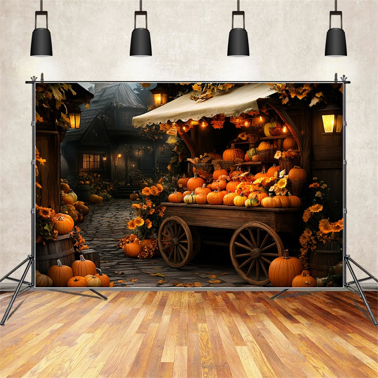 Toile de fond Deco Automne Chariot Citrouilles Village Lueur CSH57-196