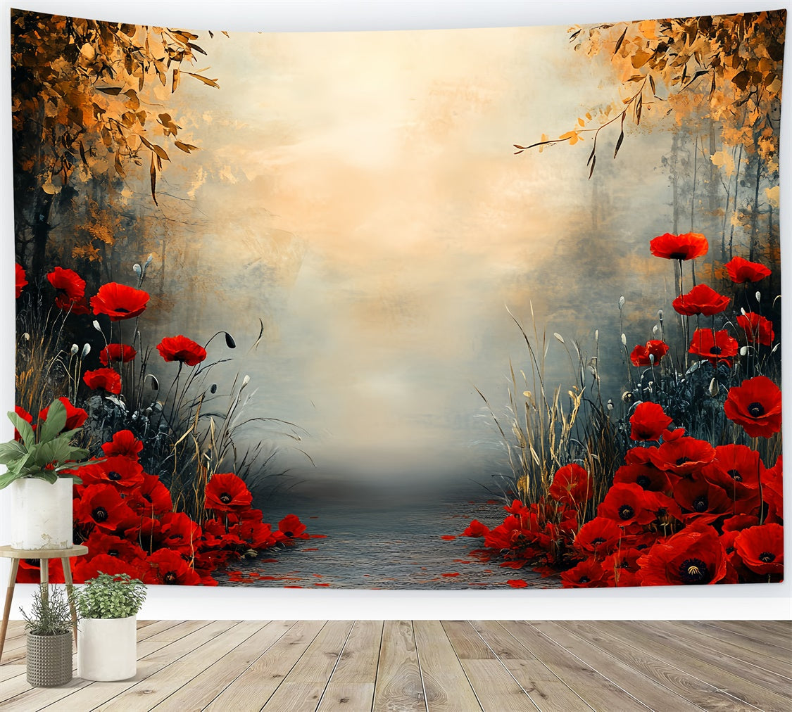 Toile de fond Photo Automne Chemin Fleurs Rouges CSH57-199