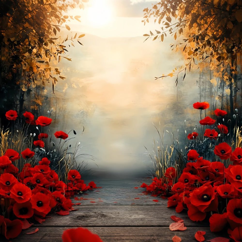 Toile de fond Photo Automne Chemin Fleurs Rouges CSH57-199