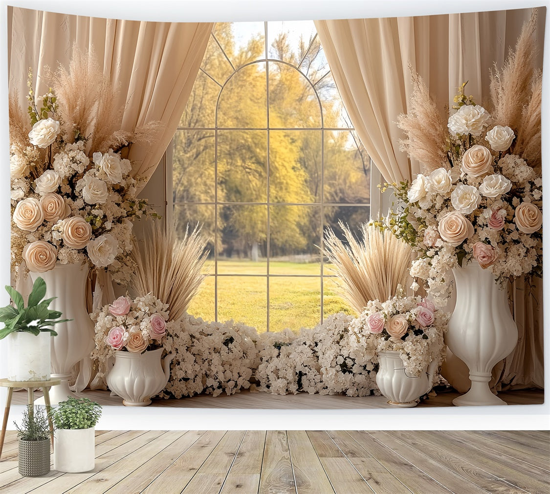 Toile de fond photo bohème Jardin Fenêtre Rose Crème CSH57-294