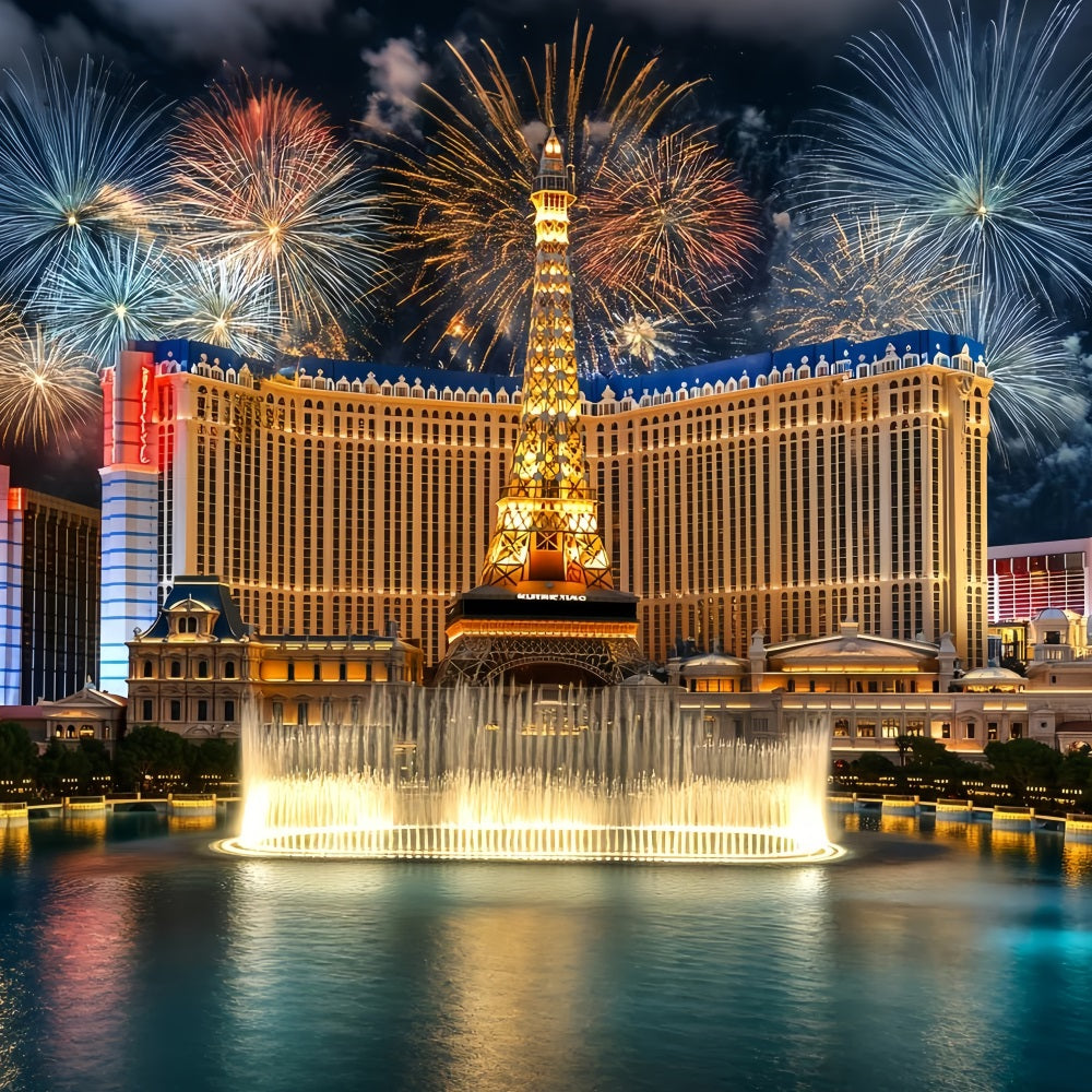 Toile de fond Photo Las Vegas Hôtel Paris Fontaine de Luxe Feux d’Artifice Étincelants CSH58-10