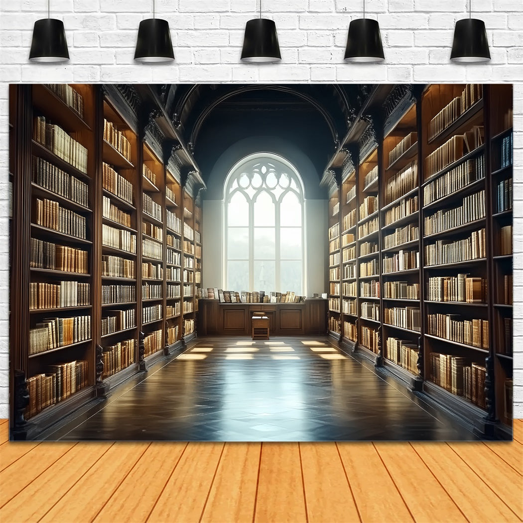 Toile de fond Rentrée Scolaire Bibliothèque Allée Dorée Étagères CSH58-107