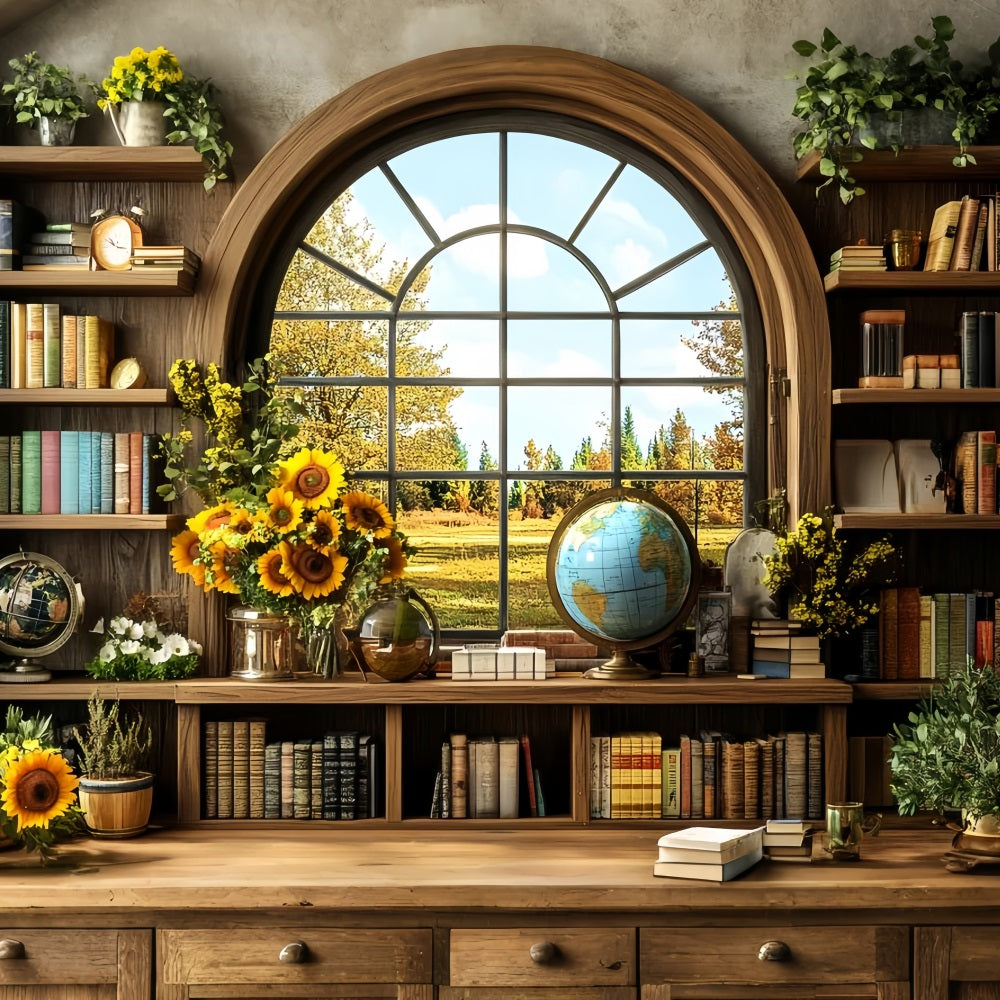 Toile de fond Retour à l'école Bibliothèque Tournesols Fenêtre Automne CSH58-117