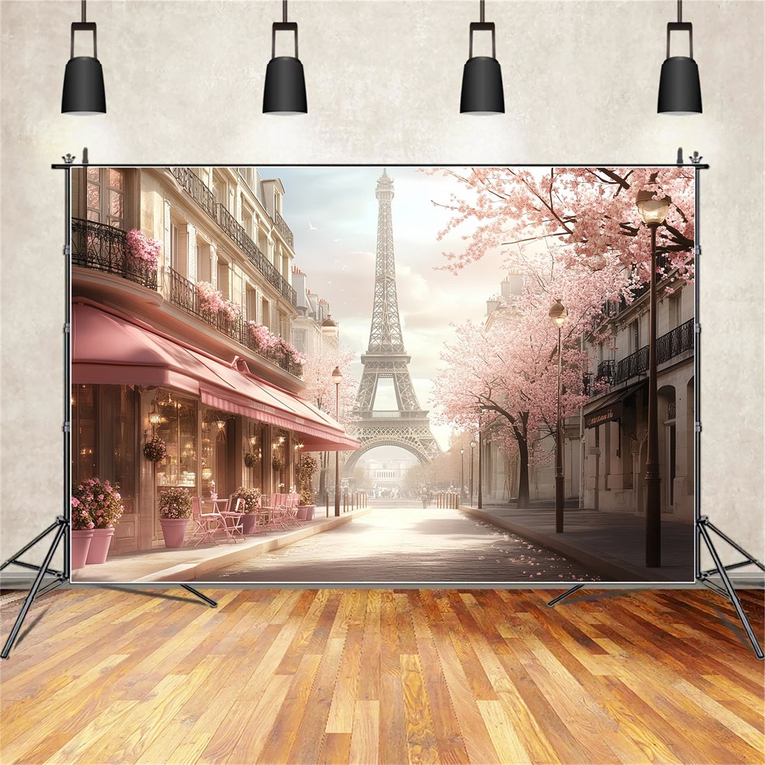 Toile de fond Tour Eiffel Printemps Romantique Rue Fleur Roses Café Paris CSH58-14