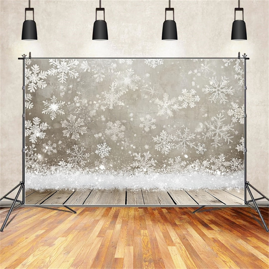 Toile de fond Hiver Flocons Argentés et Sol en Bois Rustique Neige d’Hiver CSH58-18