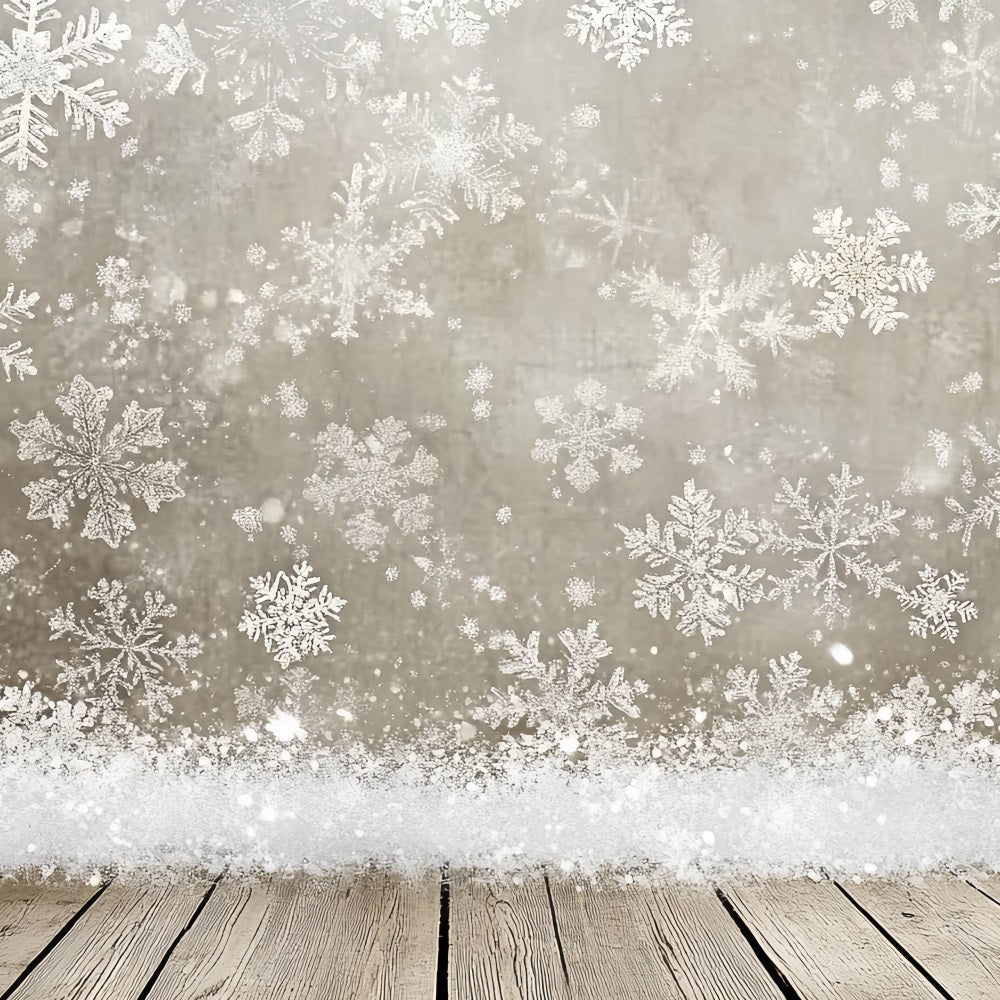 Toile de fond Hiver Flocons Argentés et Sol en Bois Rustique Neige d’Hiver CSH58-18