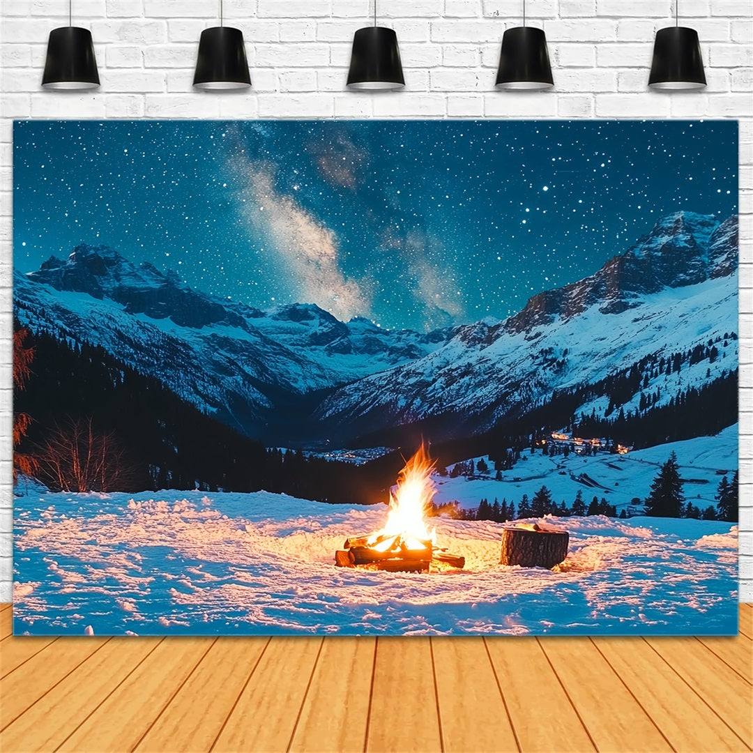 Toile de fond Hiver Montagne Nuit Alpine Étoilée avec Feu de Camp CSH58-22