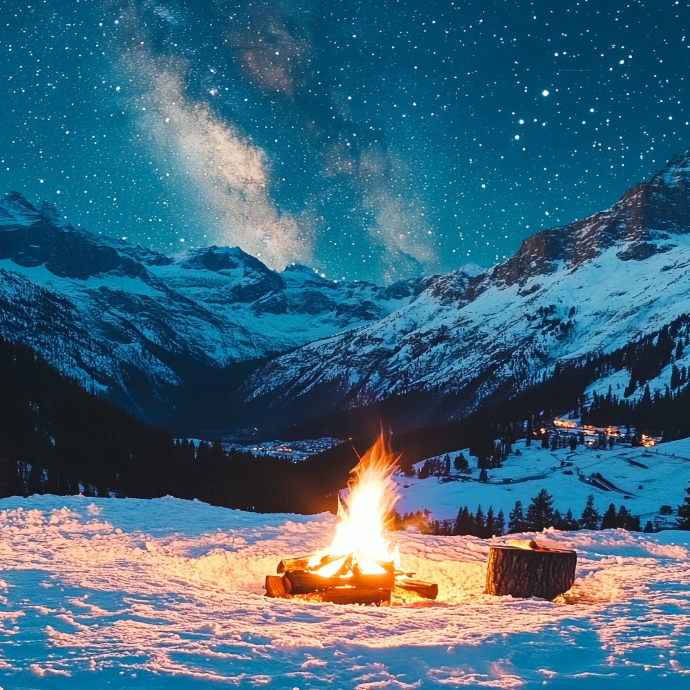 Toile de fond Hiver Montagne Nuit Alpine Étoilée avec Feu de Camp CSH58-22