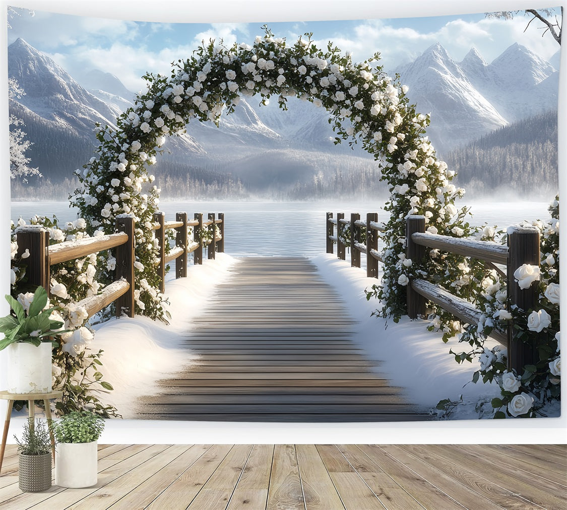 Toile de fond Hiver Montagne Arche de Roses Enneigée au Bord du Lac CSH58-23
