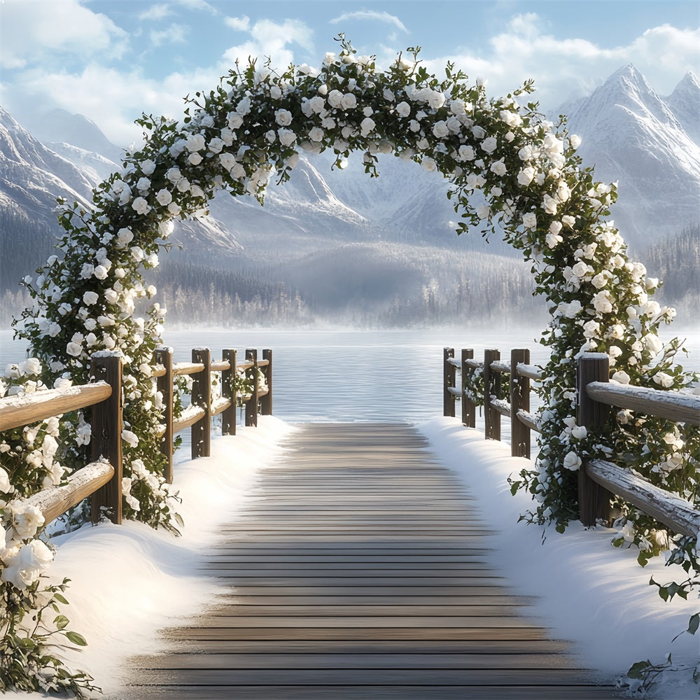 Toile de fond Hiver Montagne Arche de Roses Enneigée au Bord du Lac CSH58-23
