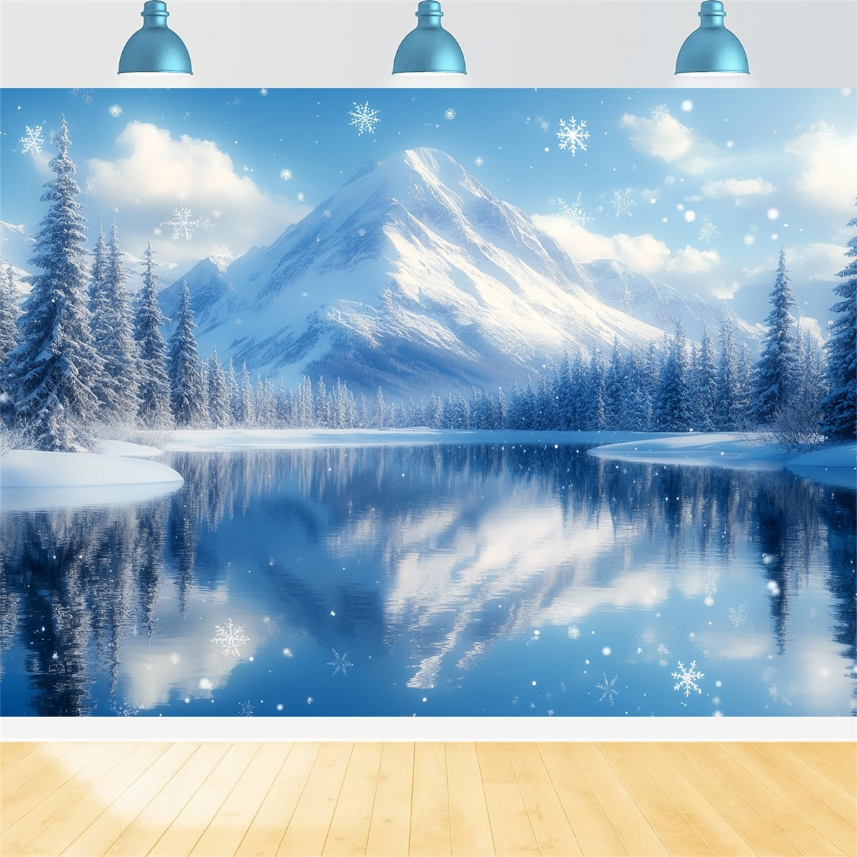Toile de fond Hiver Montagne Lac Enneigé avec Chute de Flocons CSH58-25