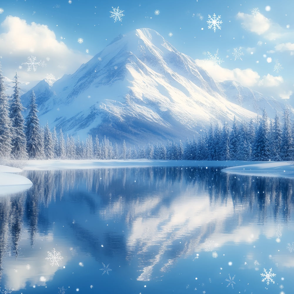 Toile de fond Hiver Montagne Lac Enneigé avec Chute de Flocons CSH58-25