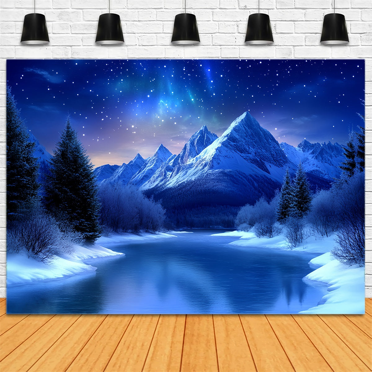 Toile de fond Hiver Montagne Nuit Étoilée sur Rivière Gelée CSH58-26