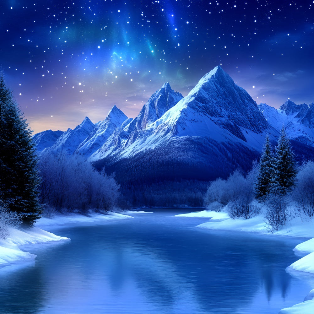 Toile de fond Hiver Montagne Nuit Étoilée sur Rivière Gelée CSH58-26