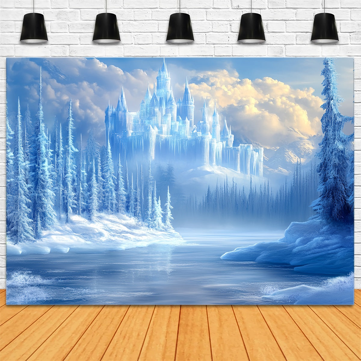 Toile de fond Hiver Forêt de Pins Gelée avec Château de Glace Cristallin CSH58-28