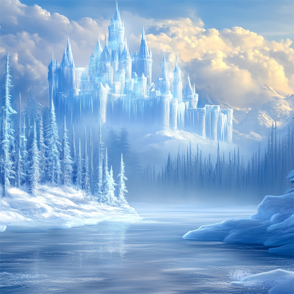 Toile de fond Hiver Forêt de Pins Gelée avec Château de Glace Cristallin CSH58-28