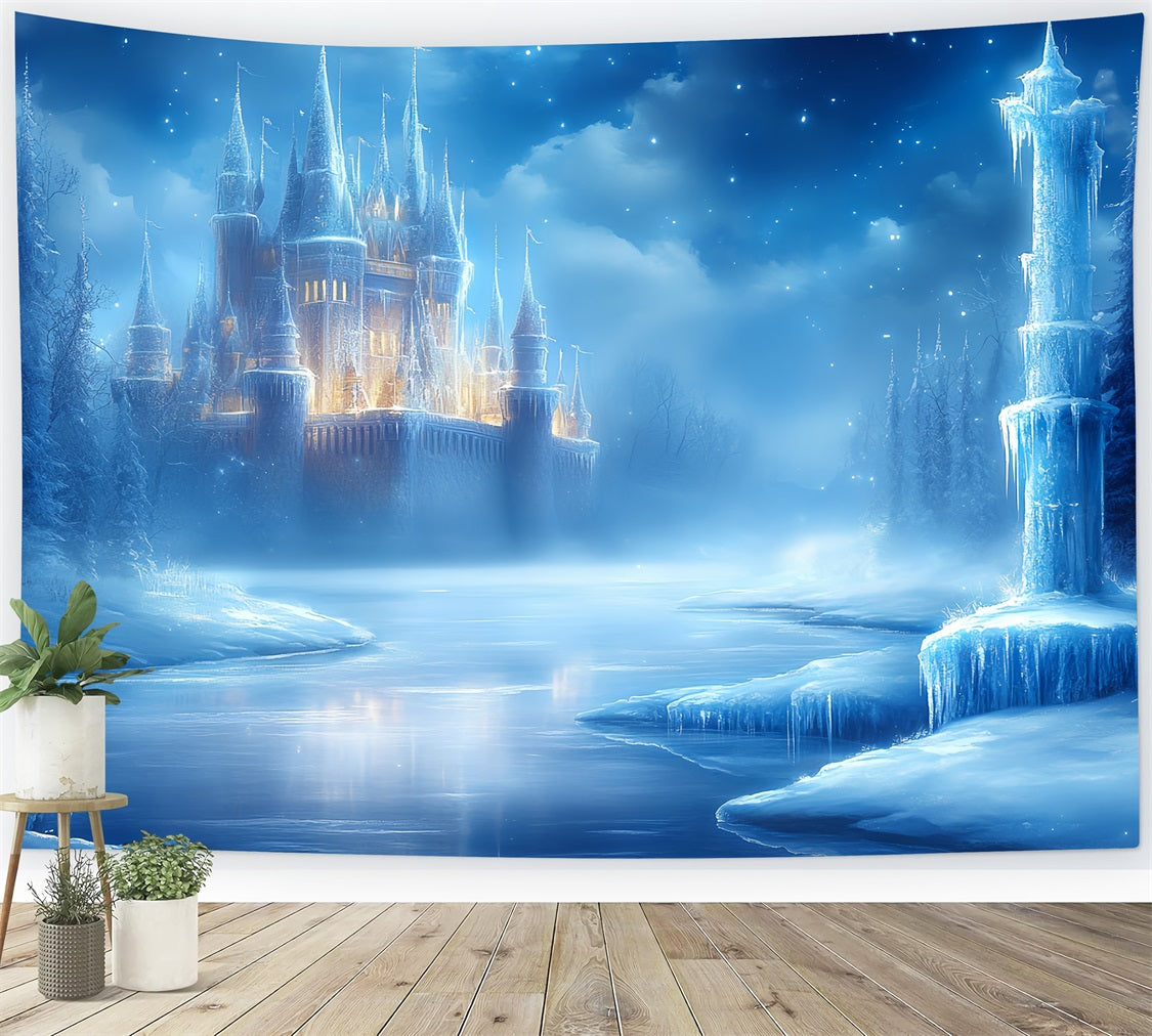 Toile de fond Hiver Forteresse Hivernale Lumineuse au Bord de la Rivière Gelée CSH58-29