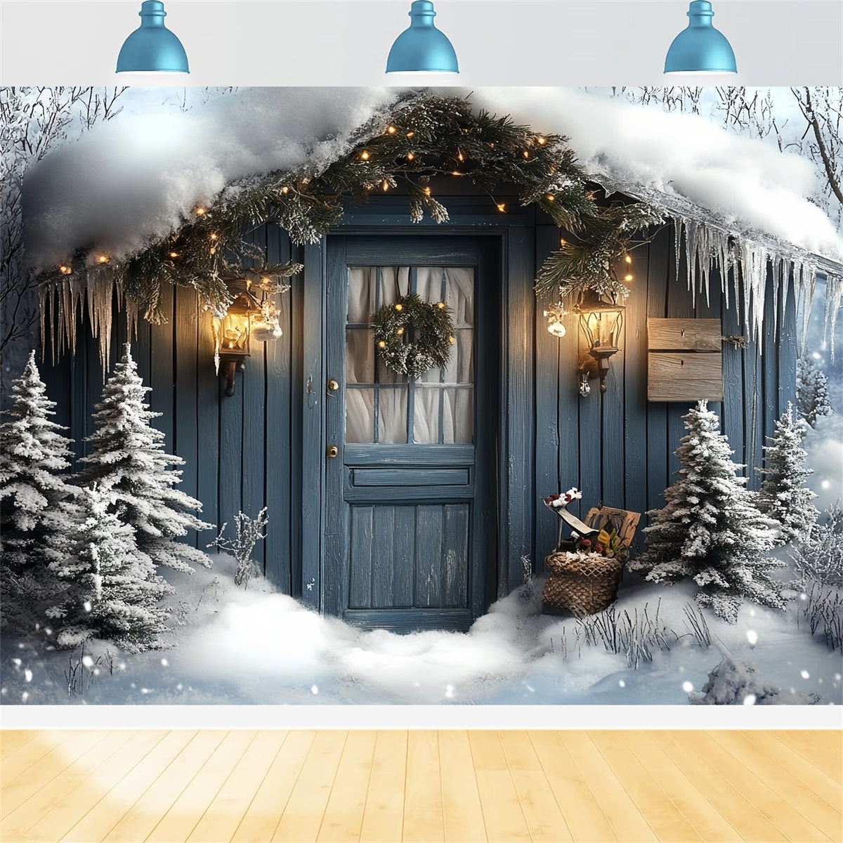 Toile de fond Hiver Pôle Nord Porte de Cabane Enneigée à Lueur de Lanterne CSH58-37