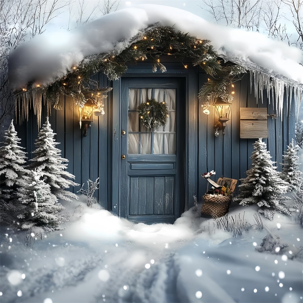Toile de fond Hiver Pôle Nord Porte de Cabane Enneigée à Lueur de Lanterne CSH58-37