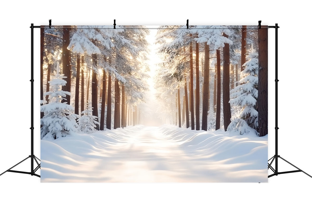 Toile de fond Photo Hiver Forêt Droite Enneigée Contre-jour Soleil Chaleureux CSH58-41