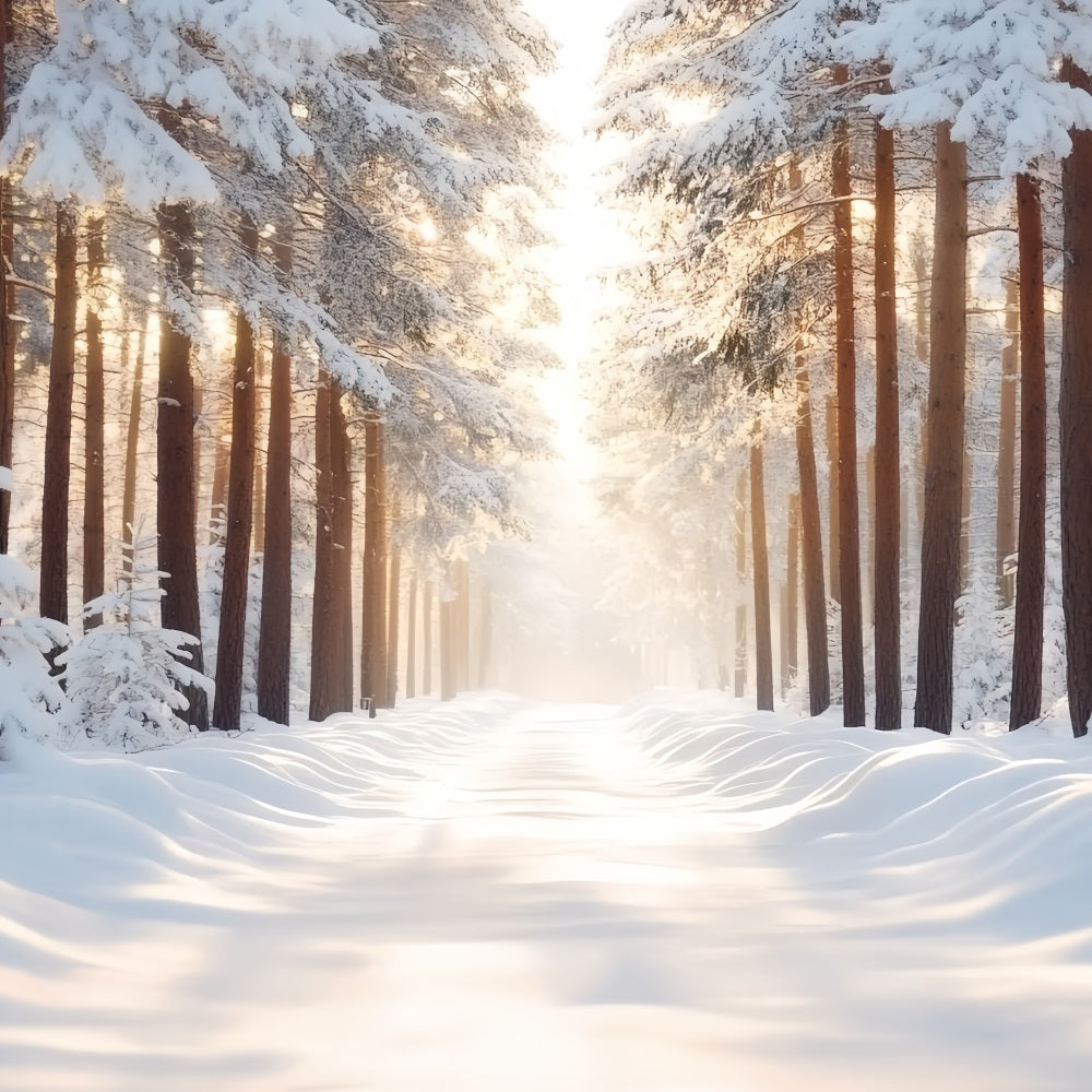Toile de fond Photo Hiver Forêt Droite Enneigée Contre-jour Soleil Chaleureux CSH58-41