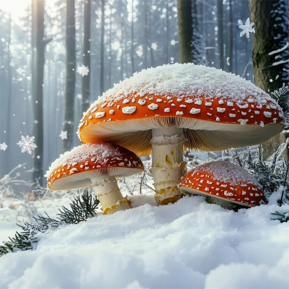 Toile de fond Photo Hiver Forêt de Conte de Fées Chute de Neige Champignon Rouge Géant CSH58-43