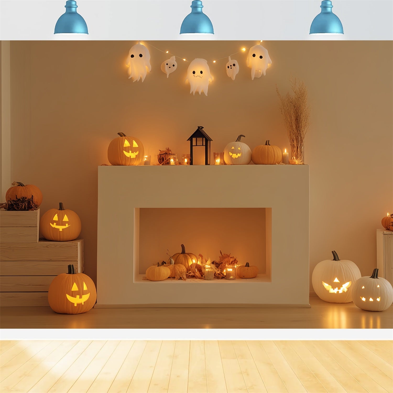 Toile Halloween Cheminée Citrouille Souriante Fantôme Manteau CSH58-63