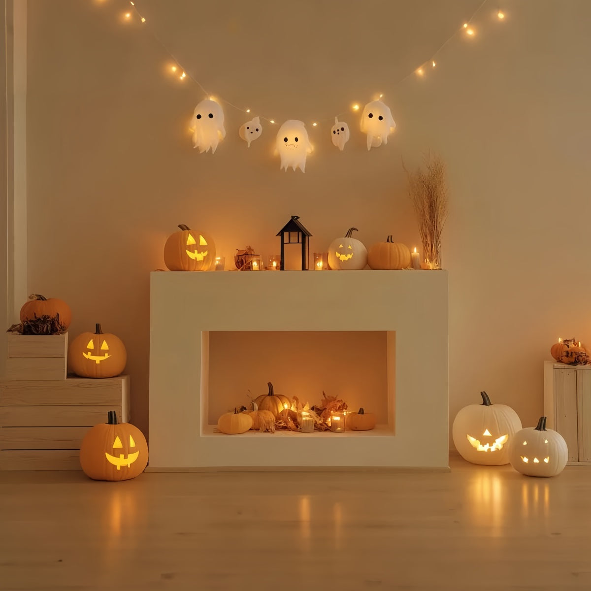 Toile Halloween Cheminée Citrouille Souriante Fantôme Manteau CSH58-63