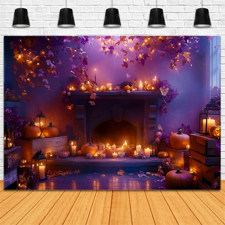 Fond Studio Halloween Cheminée Feuilles D’Automne Lueur Bougies CSH58-64